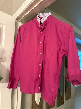 Women’s Upcycled Ruffle Collar Fuchsia Button-Down Shirt